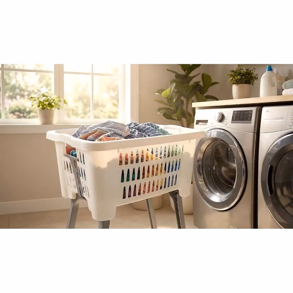 PAWNORA Collapsible White Plastic Laundry Basket with Foldable Legs – 3
