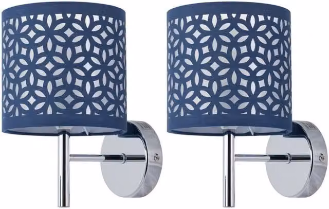 First Choice Lighting Brea Set of 2 Chrome Wall Lights with Blue and Silver Fabric Shades – 1