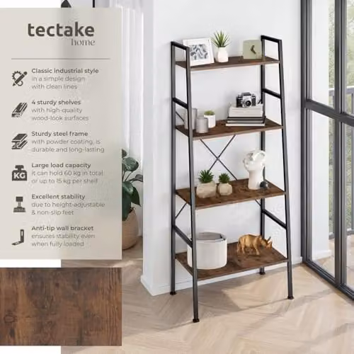 tectake 4-Tier Industrial Ladder Shelf with Steel Frame and Wood-Look Shelves in Dark Wood and Black, H 150.0 x W 61.5 x D 36.5 cm – 3