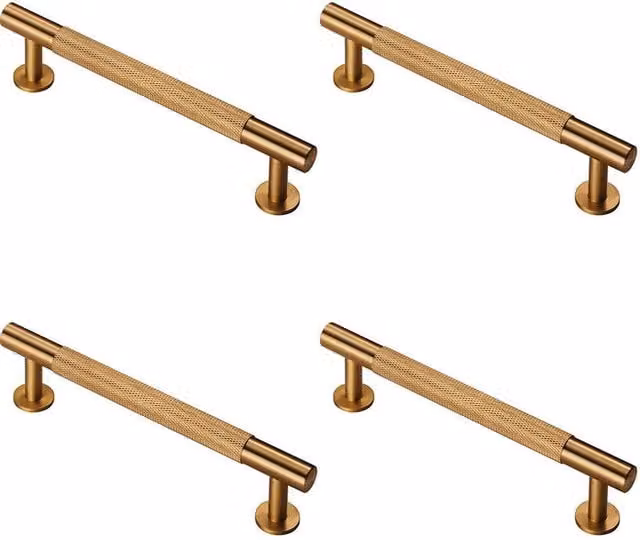 Loops 4x Knurled Bar Door Pull Handles in Satin Brass, Length: 158 mm, Fixing Centres: 128 mm, Diameter: 13 mm
