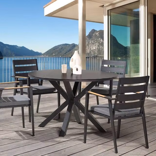 Wyld and Coco Round Garden Table with Black Aluminium Frame and Ceramic Glass Top, Diameter: 120 cm, Height: 75 cm – 1