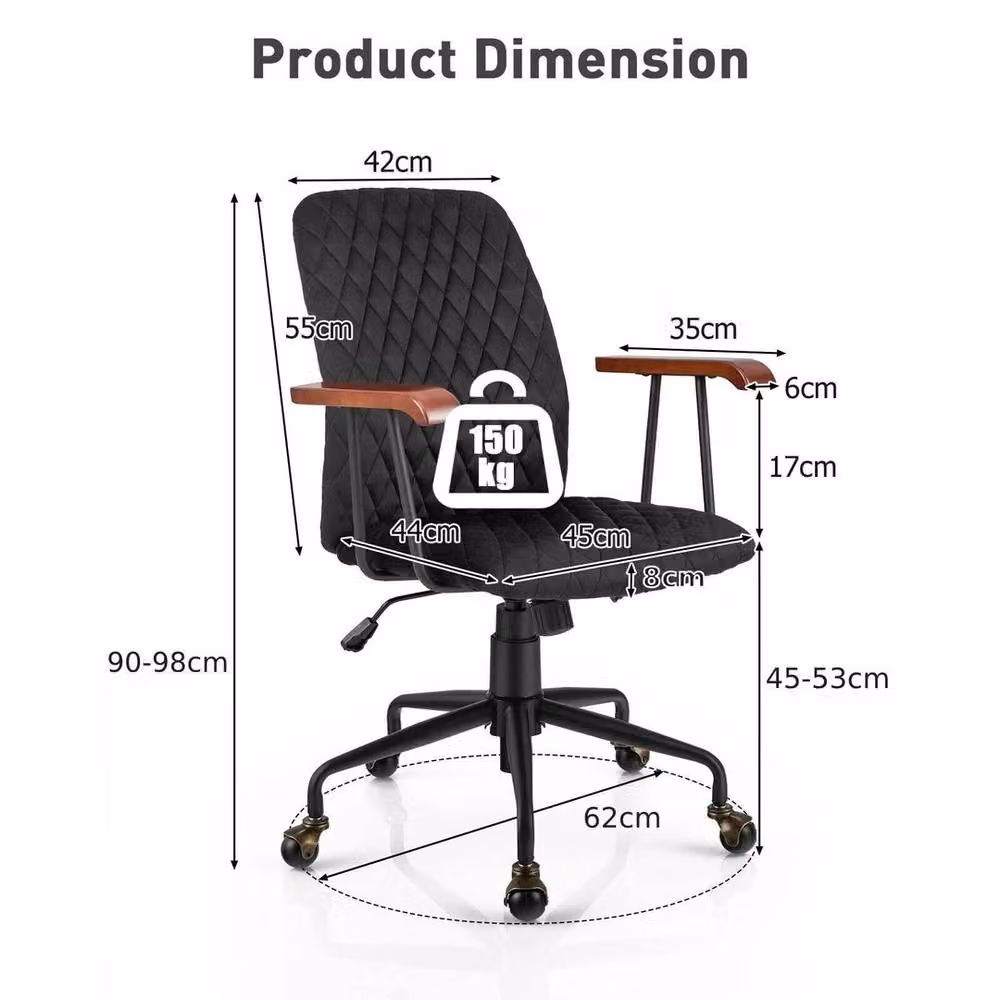 Kelvenix Black Velvet Ergonomic Mid-back Task Chair with Swivel and Castors – 2