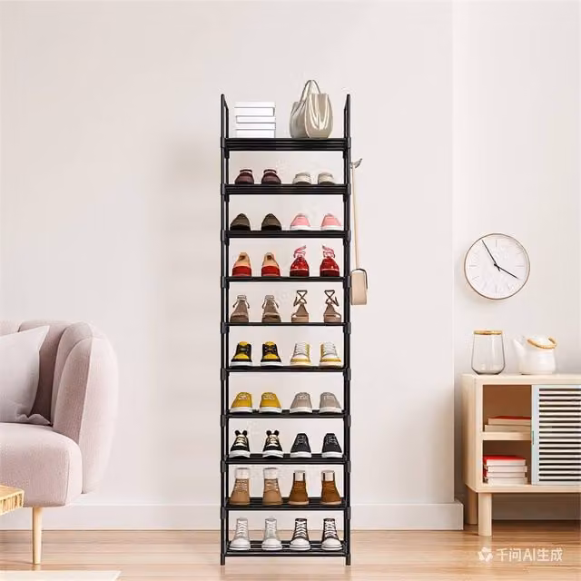 VOGREX 10 Tier Slim Freestanding Tall Shoe Rack Storage Organiser in Black