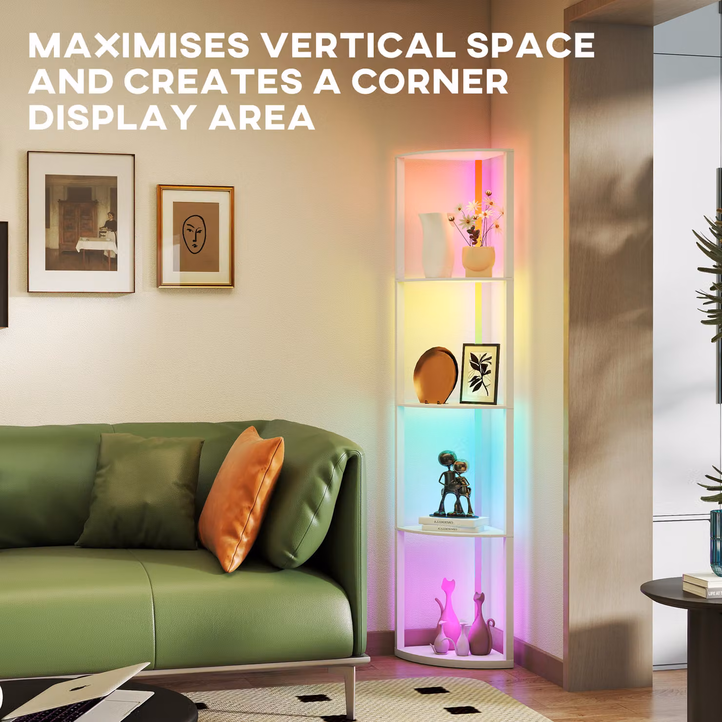 HOMCOM RGB LED Floor Lamp with 5-Tier Shelving, Dimmable Standing Lamp with Remote Control and Adjustable Brightness, Modern White Corner Display Unit for Living Room, Bedroom or Office – 4