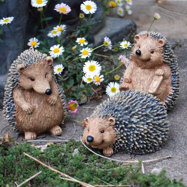 Farmwood Set of 3 Brown Hedgehog Garden Animal Ornaments, Plastic Outdoor Statues