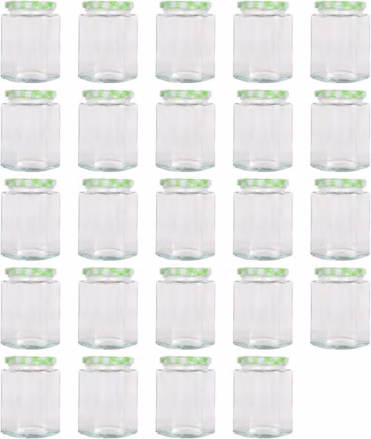 Argon Tableware Hexagonal Glass Jam Jars with Leakproof Screw-Top Metal Lids, Green Gingham Checked Pattern, 250ml, Pack of 24