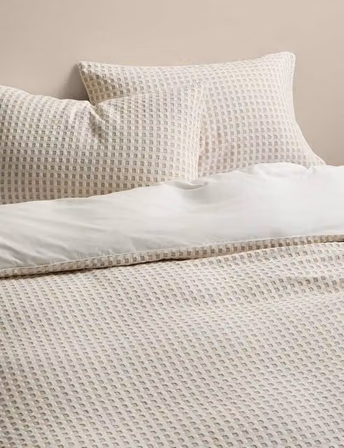 M&S Reversible Pure Cotton Waffle Duvet Cover Set, Beige, W: 180 cm, L: 200 cm