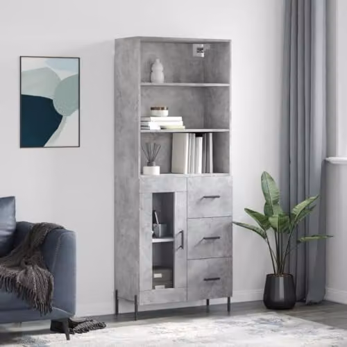 vidaXL Highboard in Concrete Grey, Industrial Style Engineered Wood and Metal, W: 69.5 cm, D: 34 cm, H: 180 cm – 2