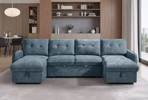Beehive Furniture Marlowe U-Shaped Reversible Corner Sofa Bed in Blue Upholstered Fabric – 3