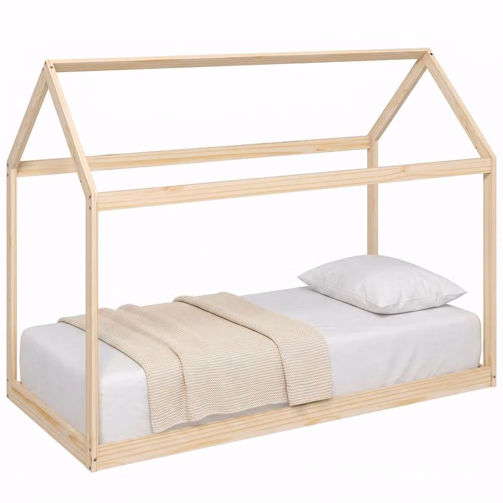 STILVORA House-Shaped Single Bed Frame in Natural Pine Wood, W/D/H: 90 x 190 cm – 2