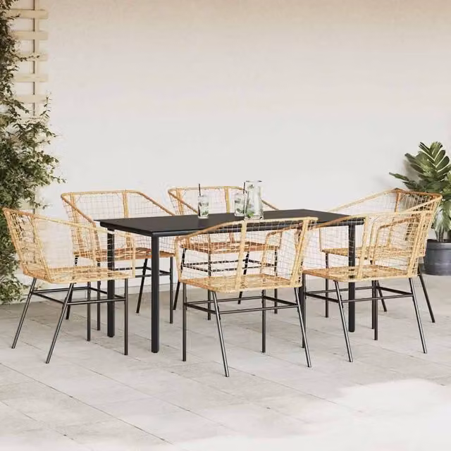 Berkfield Home Beautiful 7 Piece Brown Poly Rattan Garden Dining Set with Glass Top