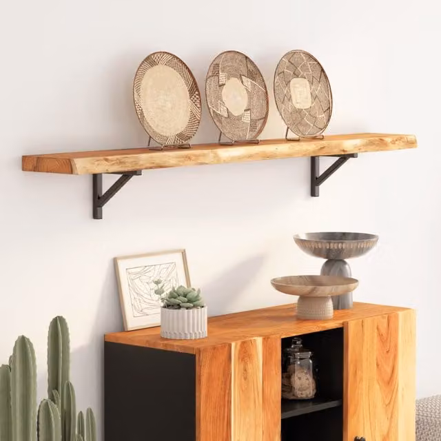 Berkfield Home Rectangular Solid Wood Acacia Live Edge Wall Shelf, Brown, W: 140 cm, D: 20 cm, H: 2.5 cm