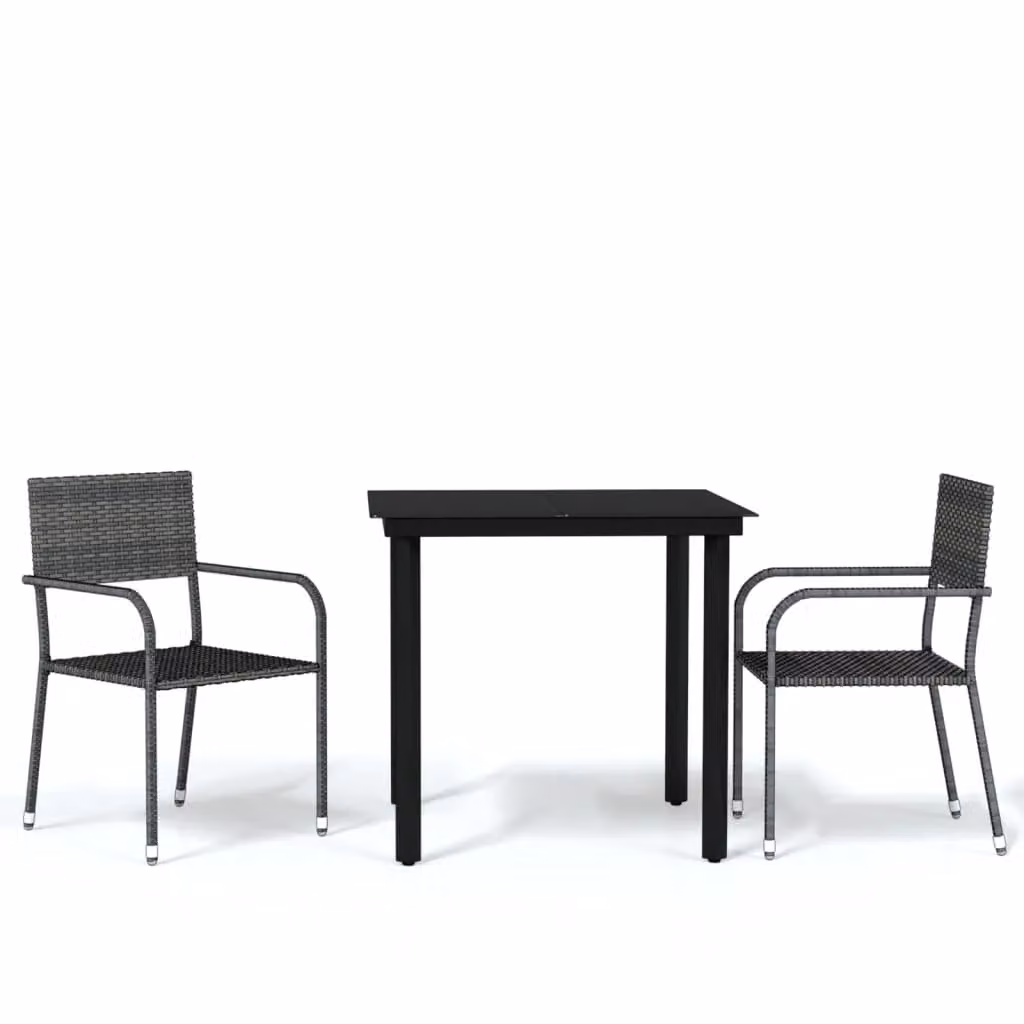 Berkfield Home 3 Piece Modern Grey Garden Dining Set with Glass Top and Powder Coated Steel Frame – 2