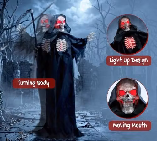 HOMCOM Life Size Animated Grim Reaper Halloween Decoration in Black and Red, Height: 170 cm – 6