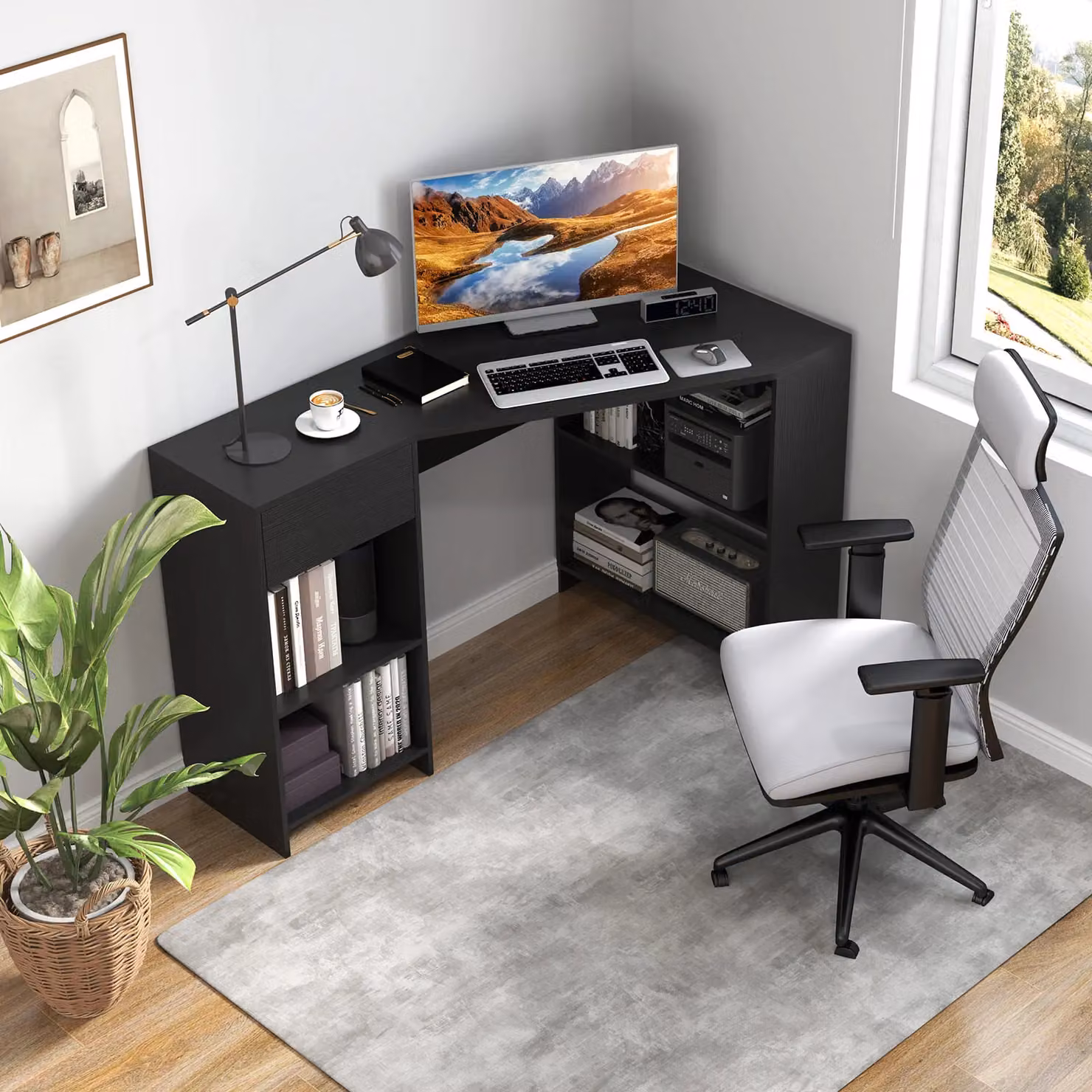 Gymax L-Shaped Corner Executive Desk with Storage Shelves and Drawer in Black – 4