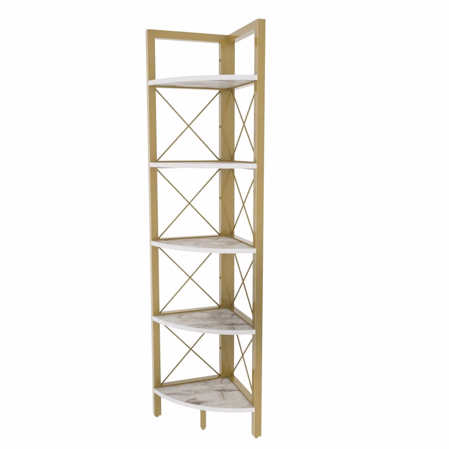 Decorotika Remo 5-Tier Modern Corner Bookshelf in Gold and White – 2