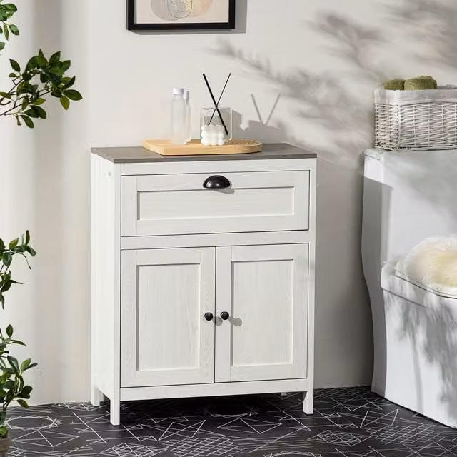 Kleankin Freestanding White Bathroom Floor Cabinet with Internal Drawers and Shelves – 1