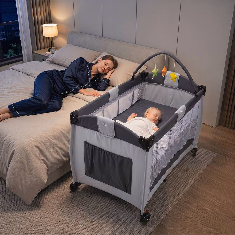 Gymax Folding Playpen in Grey with Diaper Changing Table, 2 Lockable Wheels and 3 Hanging Toys – 3