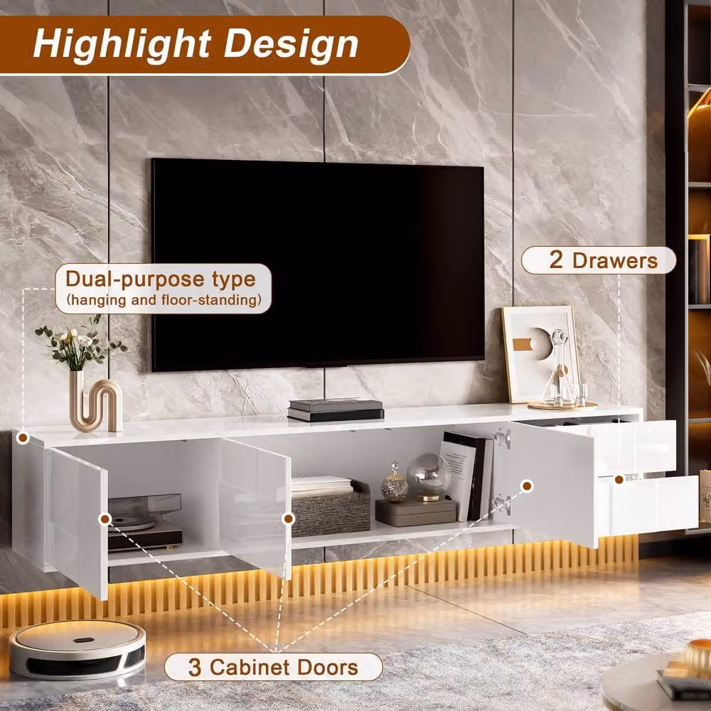Merax Modern High Gloss White Wall Mounted TV Unit with 3 Doors and 2 Drawers, W/D/H: 167 x 30 x 30 cm – 4