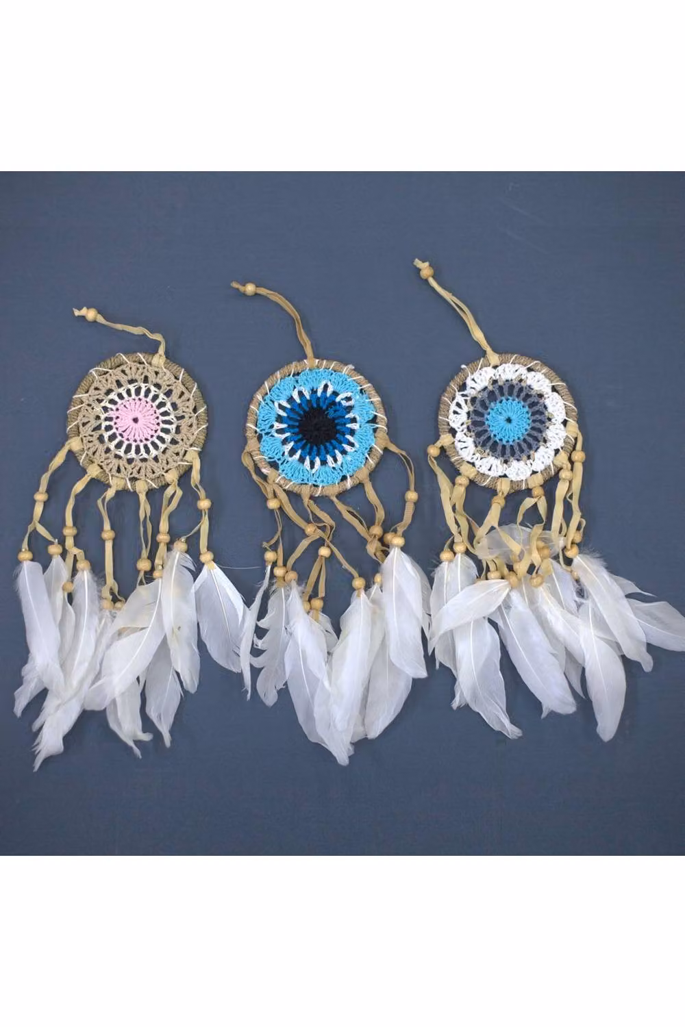 KDMD Blue and Multicolour Boho Macramé Dream Catcher, Round Mandala Hanging Decoration, Diameter: 9 cm – 3