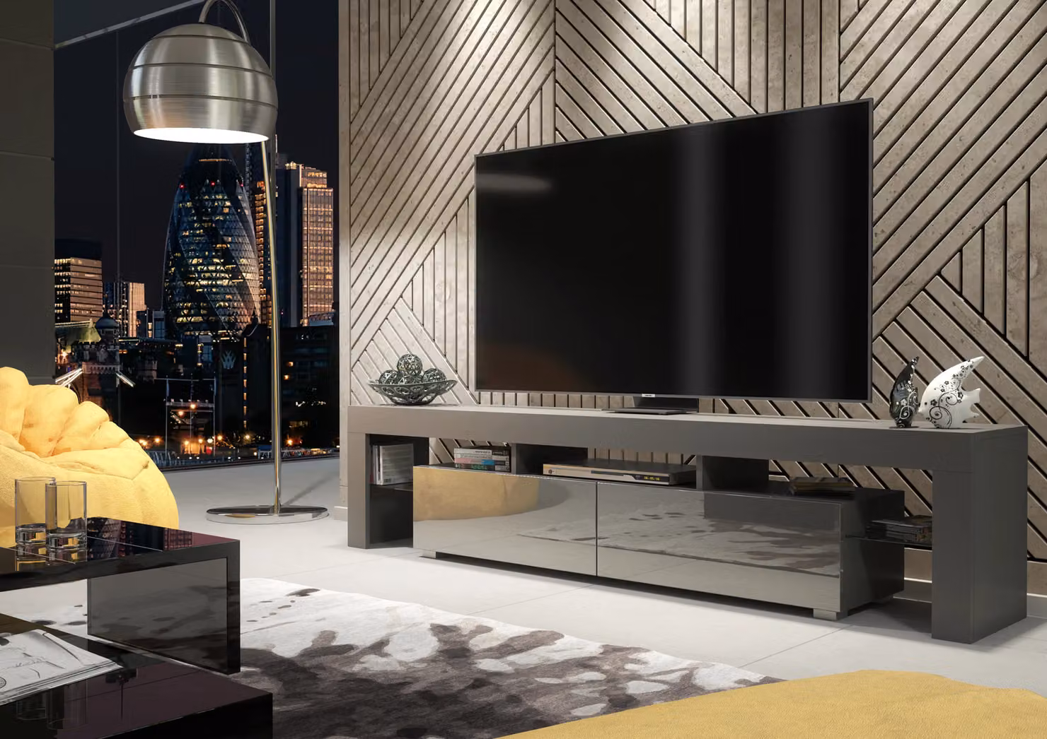 Creative Furniture Modern TV Unit in Dark Grey with High Gloss Doors, W: 200 cm, D: 45 cm, H: 35 cm – 2