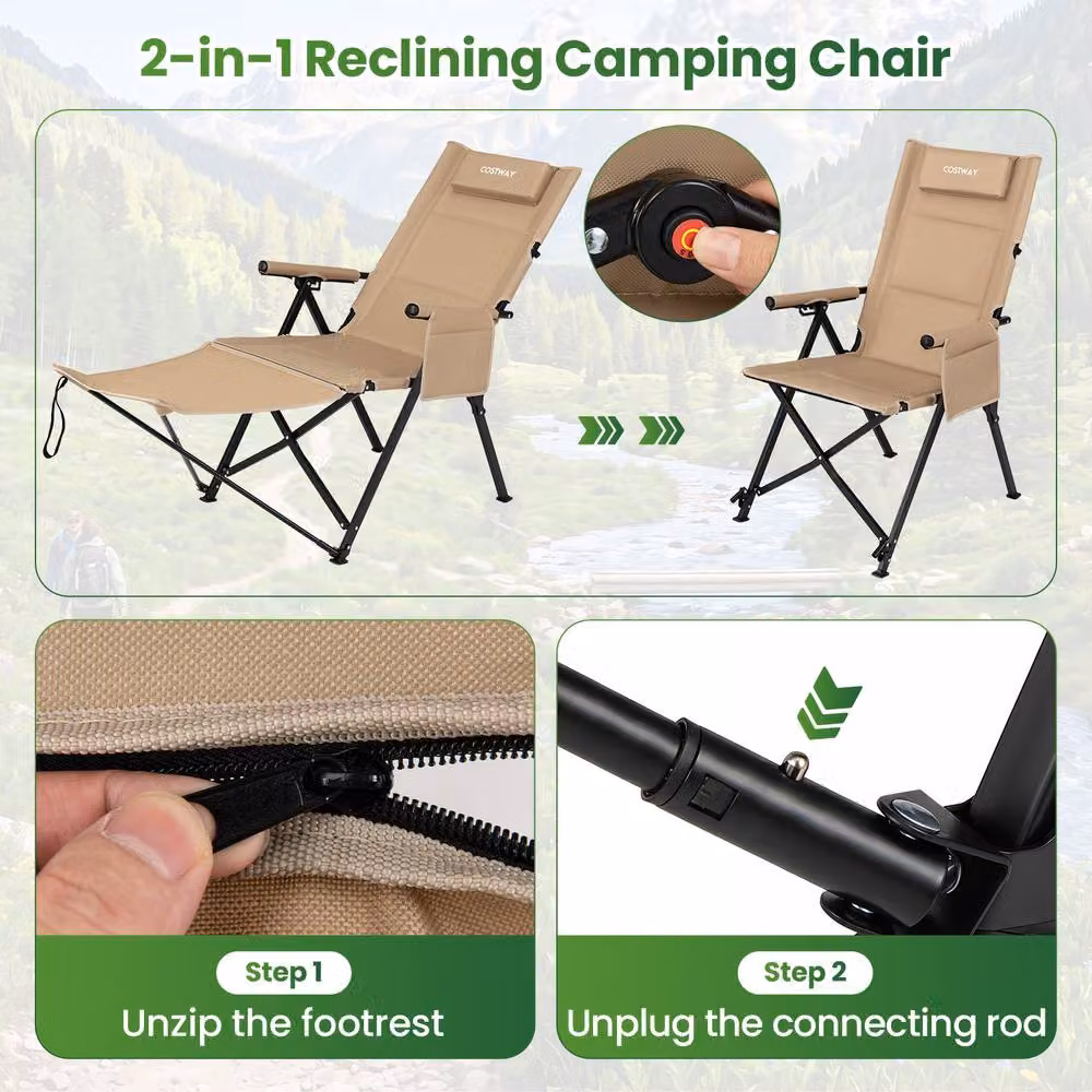 Costway 2-in-1 Reclining Camping Chair with Footrest and Adjustable Headrest in Beige – 8