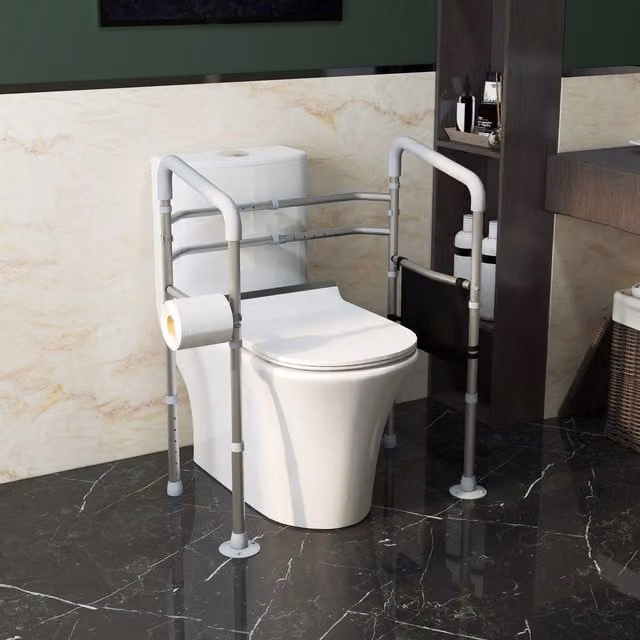 HOMCOM Height and Width Adjustable Aluminium Toilet Frame Grab Bar with Tips Storage in Silver