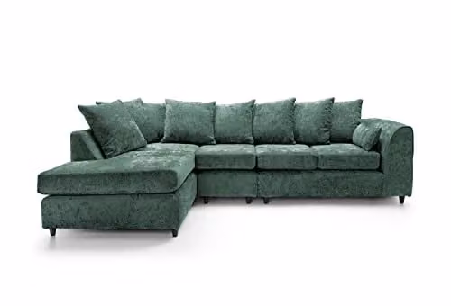 Abakus Direct Harriet Left Facing U-Shaped Corner Sofa in Green Crushed Chenille Velvet with Matching Ottoman and Scatter Cushions – 1
