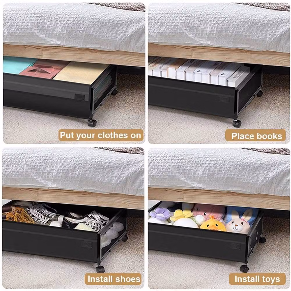 EONLION Set of 2 Rolling Under Bed Storage Organiser Drawers in Black – 2