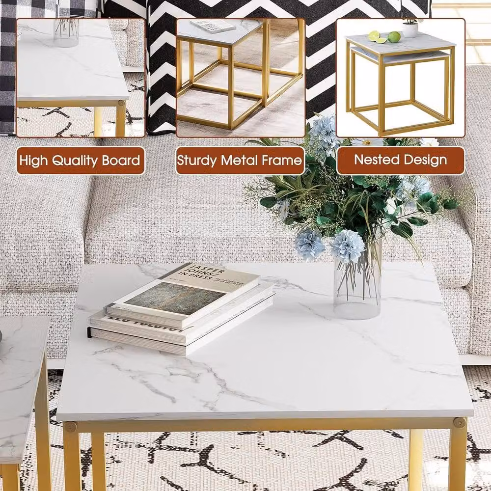 Huhote Set of 2 Nesting Side Tables with White Marble Finish Top and Gold Metal Frame – 4