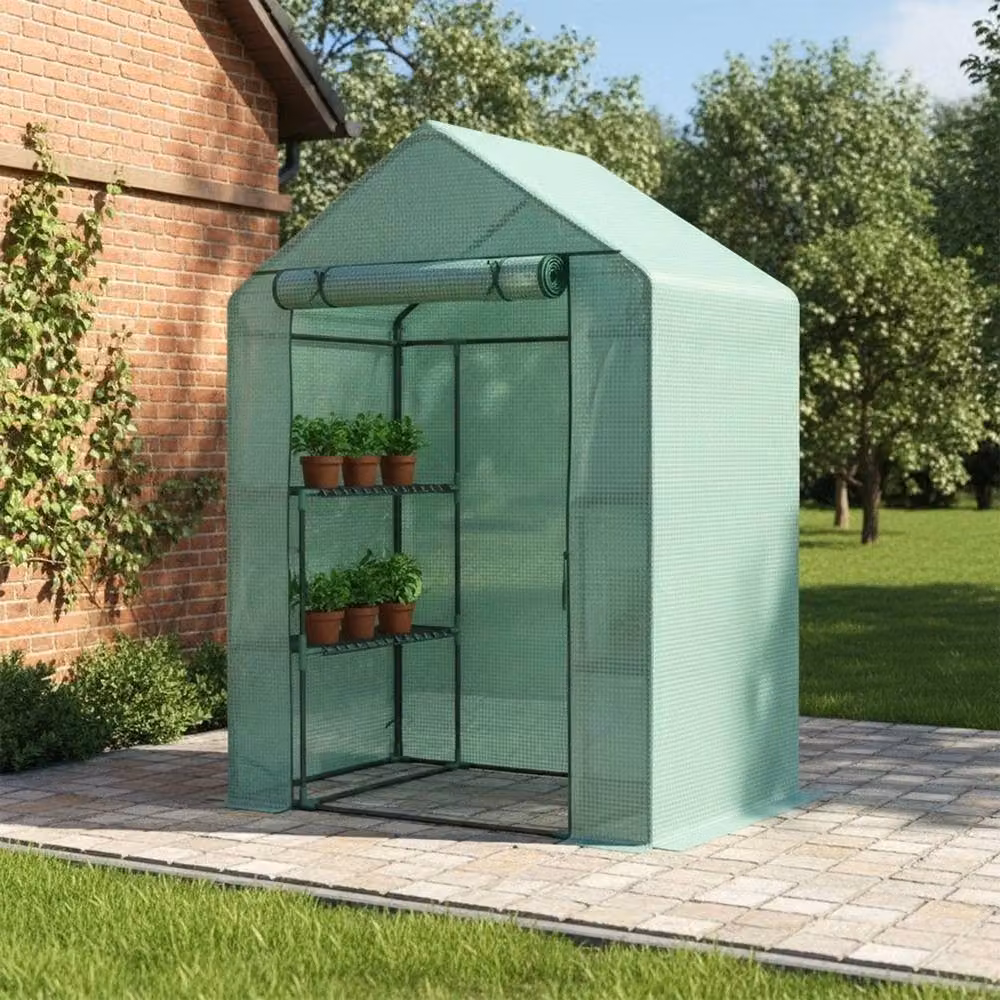 NESTLUNE Walk In Greenhouse Garden with Green PE Frame and Shelving, W/D/H: 100 x 100 x 195 cm – 2