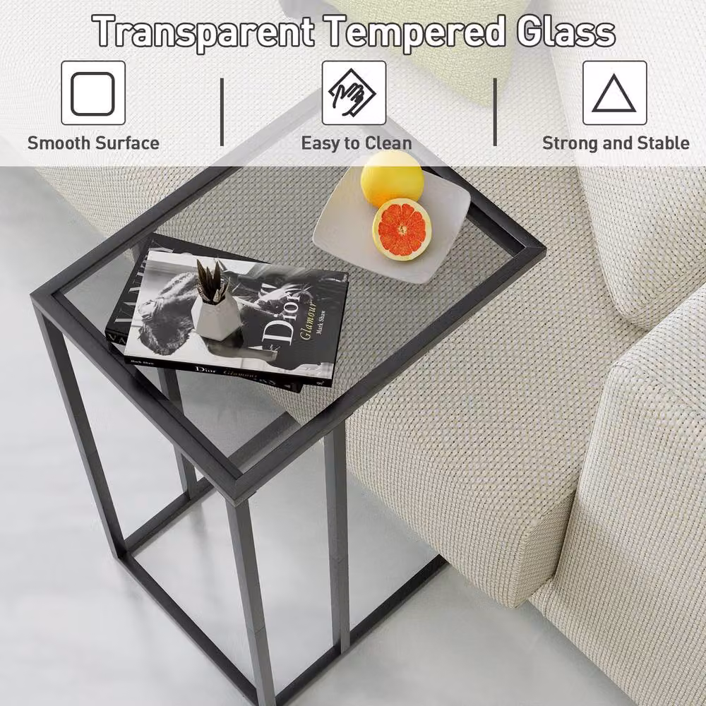 Huhote Set of 2 C-Shaped End Tables with Black Glass Top and Metal Frame – 6
