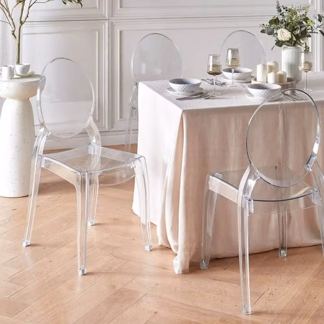Wyld and Coco Set of 4 Transparent Polycarbonate Armless Stackable Dining Chairs in Clear