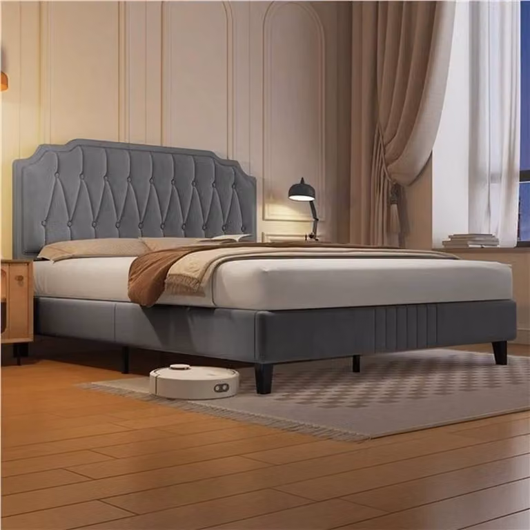 KORVIXA King Upholstered Bed Frame in Grey Fabric