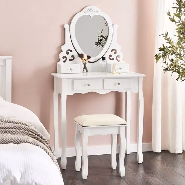 Wyld and Coco Glam White Dressing Table with 4 Drawers and Heart Mirror – 1