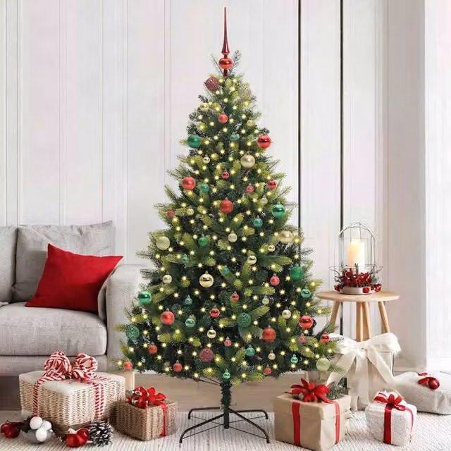 Berkfield Home Artificial Hinged Christmas Tree with 300 LEDs, Green, Height: 180 cm