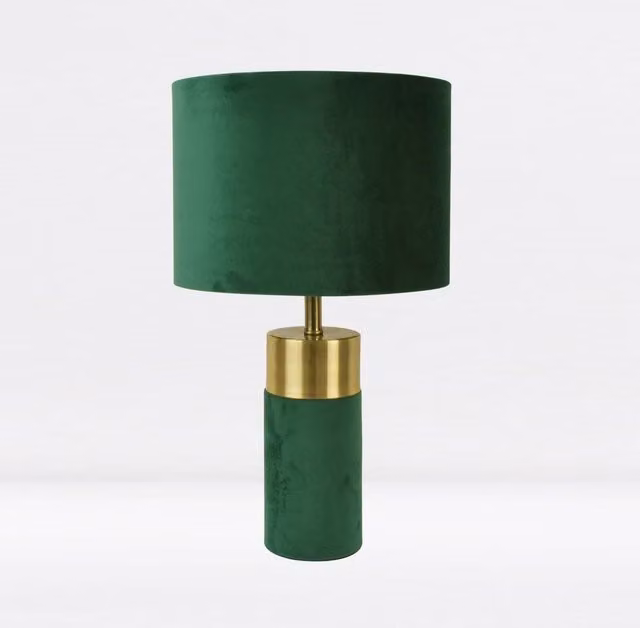 First Choice Lighting Green Velvet Table Lamp with Gold Brass Detail