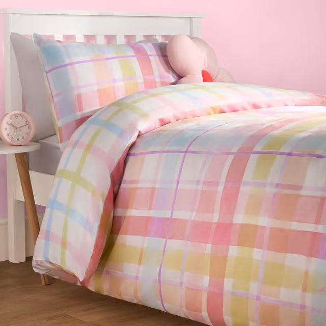OHS Reversible Gingham Check Duvet Cover and Pillowcase Set, Multicolour, W: 140 cm, L: 200 cm