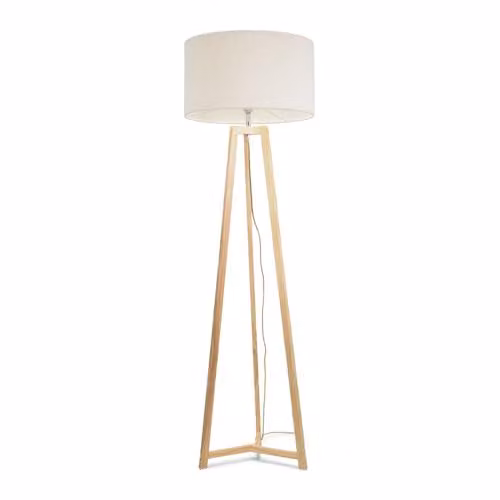 ValueLights Natural Wood Tripod Floor Lamp with Beige Boucle Drum Lampshade and Included LED Bulb