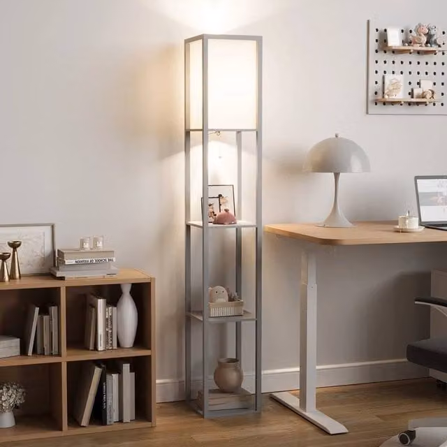 EONLION Modern LED Floor Standing Lamp in Grey with Wood and Fabric Details – 1