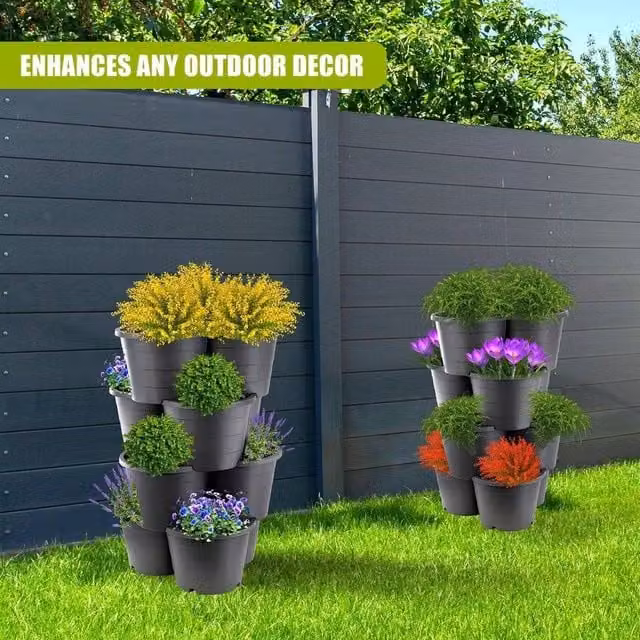 EONLION Black Plastic Stackable Trio Planter Tub
