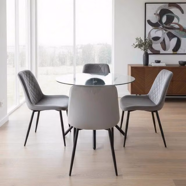Madefor.living New York Round Glass Dining Table and Amelia Velvet Chairs Set in Grey