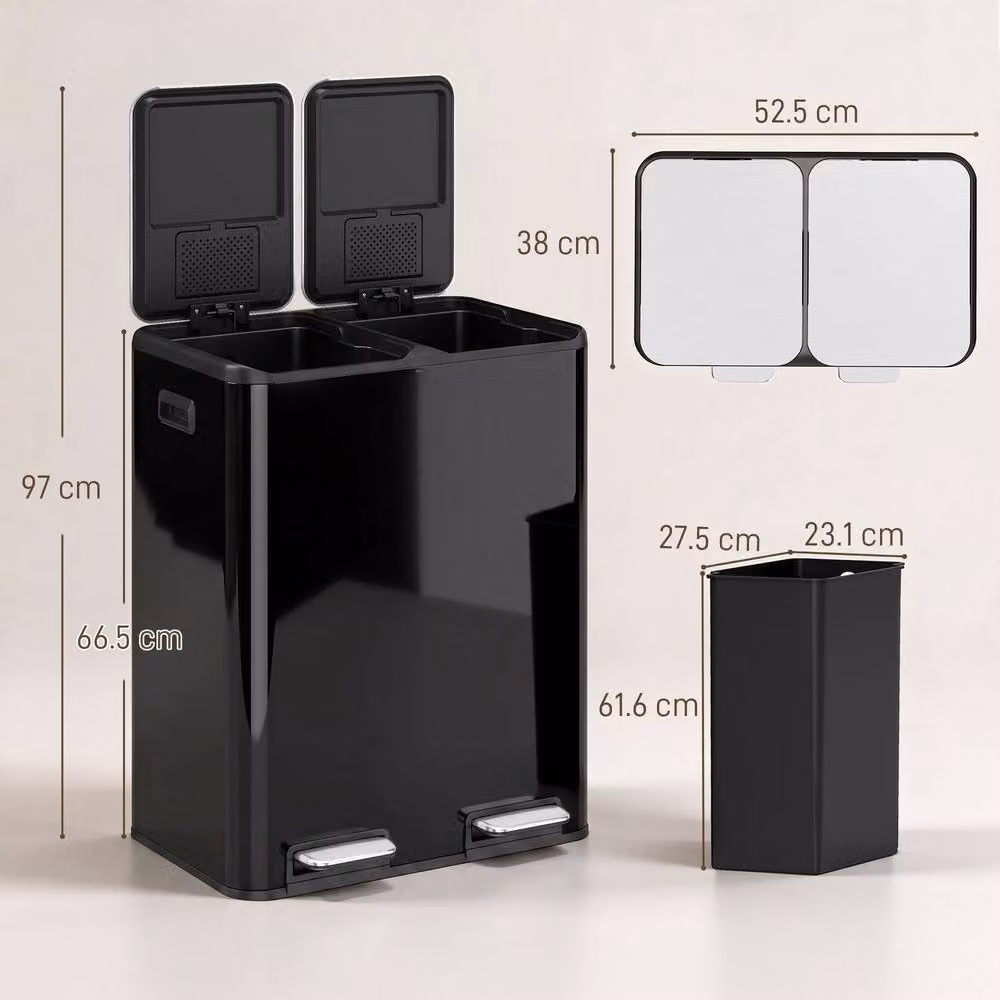 HOMCOM Stainless Steel Double Pedal Kitchen Recycling Bin with Soft Close Lid and Removable Inner Buckets, High Gloss Black, 2 x 30L – 3