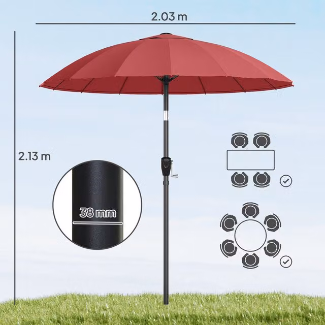Outsunny Shanghai Garden Parasol Umbrella, Outdoor Sun Shade, Wine Red, W/D/H: 200 x 200 x 213 cm
