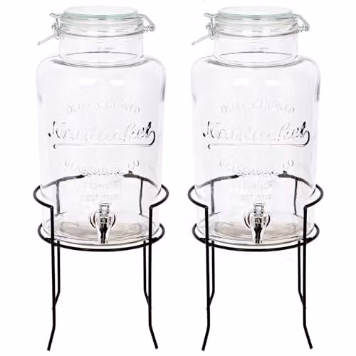 Rink Drink Pack of 2 Glass Drinks Dispensers with Tap and Stand, 6.5L, Black and Transparent