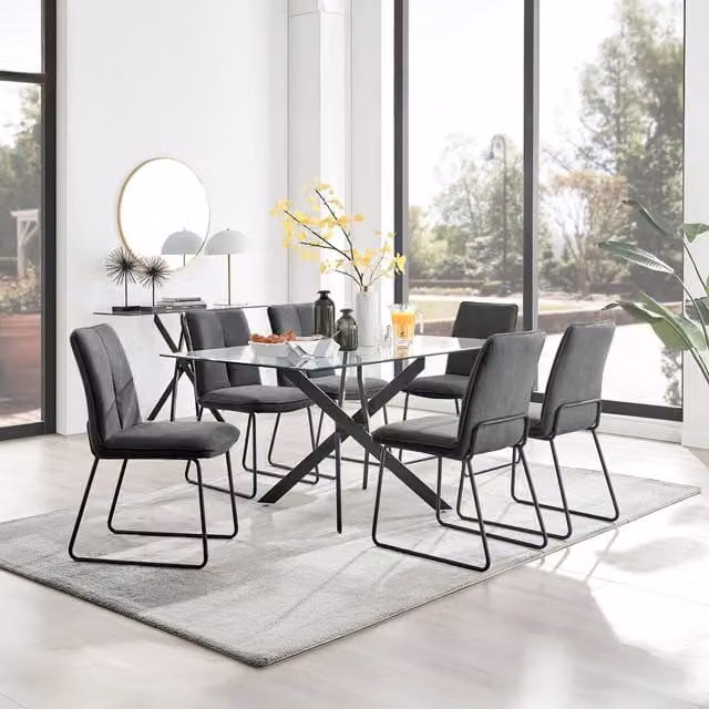 FurnitureboxUK Leonardo Modern Glass Kitchen Dining Table with 6 Halle Chairs in Black and Dark Grey