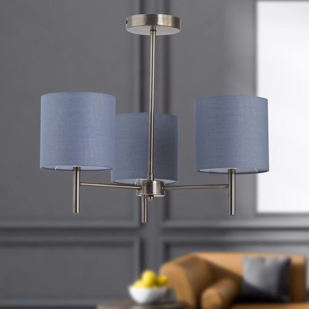 First Choice Lighting Brea Antique Brass 3 Light Ceiling Fitting with Grey Fabric Shade – 3