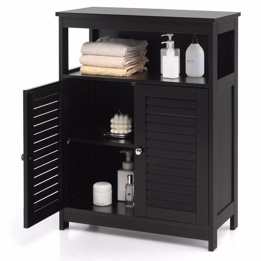 Costway Modern Black Wooden Bathroom Floor Cabinet with Adjustable Internal Shelves and Open Storage Shelf – 4