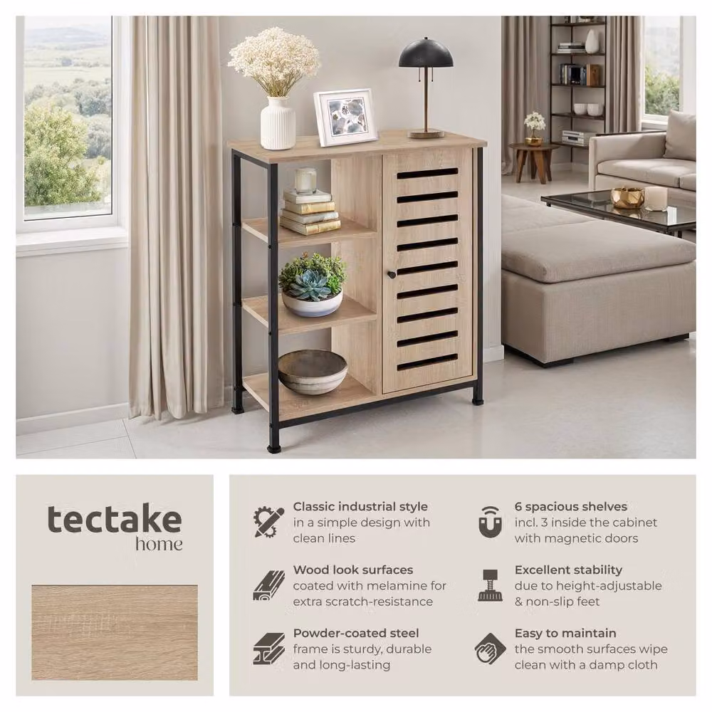 tectake Industrial Sideboard with 3 Open Shelves in Light Oak and Black – 2