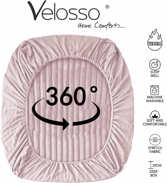 Velosso Plush Supersoft Jumbo Cord Ribbed Fitted Sheet in Blush Pink, Single, W: 90 cm, D: 200 cm, H: 30 cm
